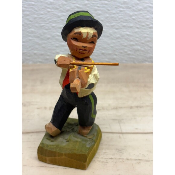 Vtg Hand Carved Wooden Figurine 4" Boy With Violin Made In Norway - Picture 1 of 8